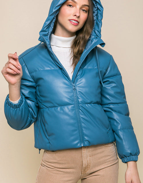 Load image into Gallery viewer, Pu Faux Leather Zipper Hooded Puffer Jacket
