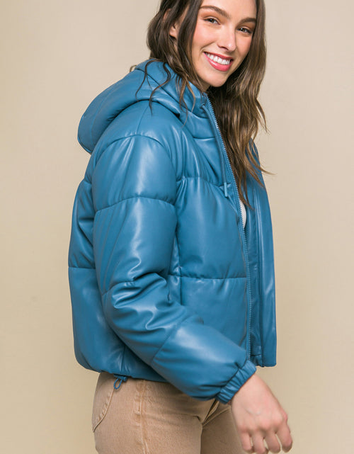 Load image into Gallery viewer, Pu Faux Leather Zipper Hooded Puffer Jacket
