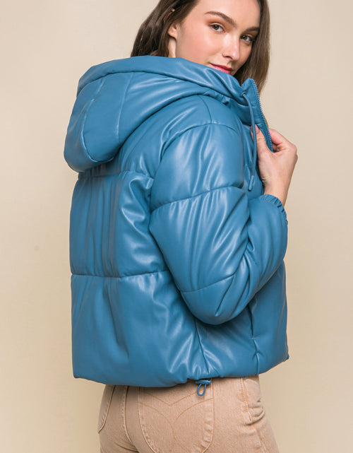 Load image into Gallery viewer, Pu Faux Leather Zipper Hooded Puffer Jacket
