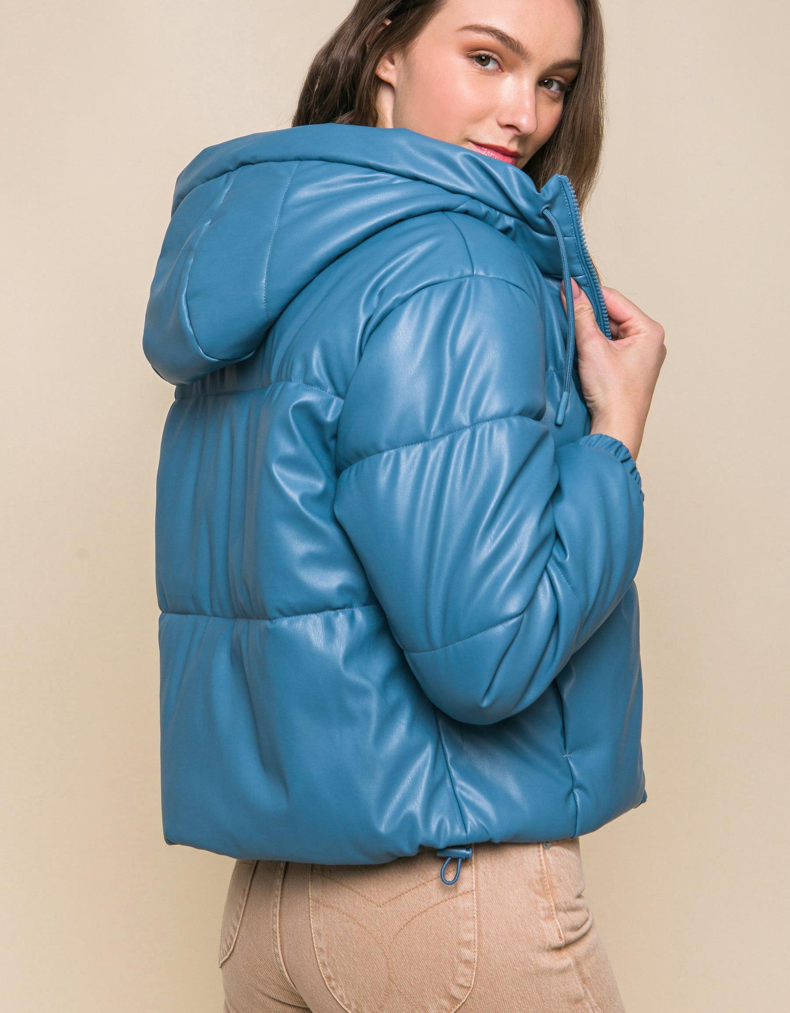 Pu Faux Leather Zipper Hooded Puffer Jacket