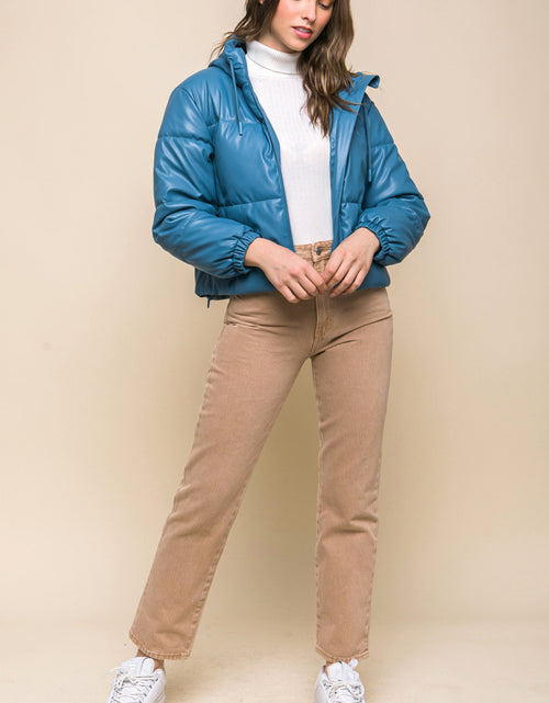 Load image into Gallery viewer, Pu Faux Leather Zipper Hooded Puffer Jacket
