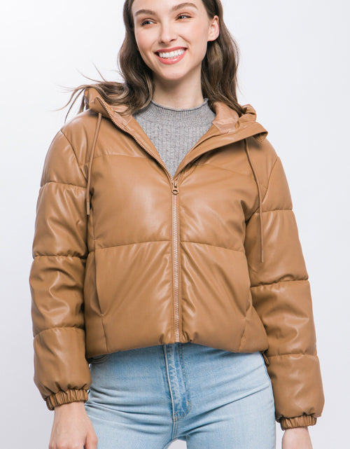 Load image into Gallery viewer, Pu Faux Leather Zipper Hooded Puffer Jacket
