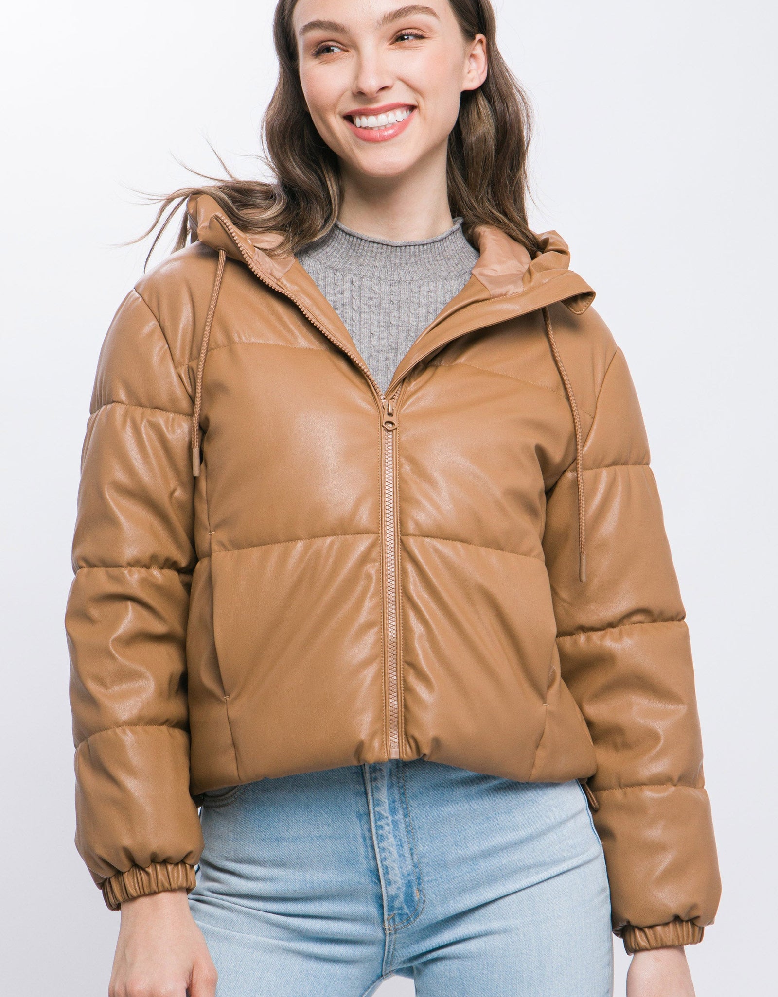 Pu Faux Leather Zipper Hooded Puffer Jacket