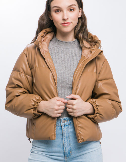 Load image into Gallery viewer, Pu Faux Leather Zipper Hooded Puffer Jacket
