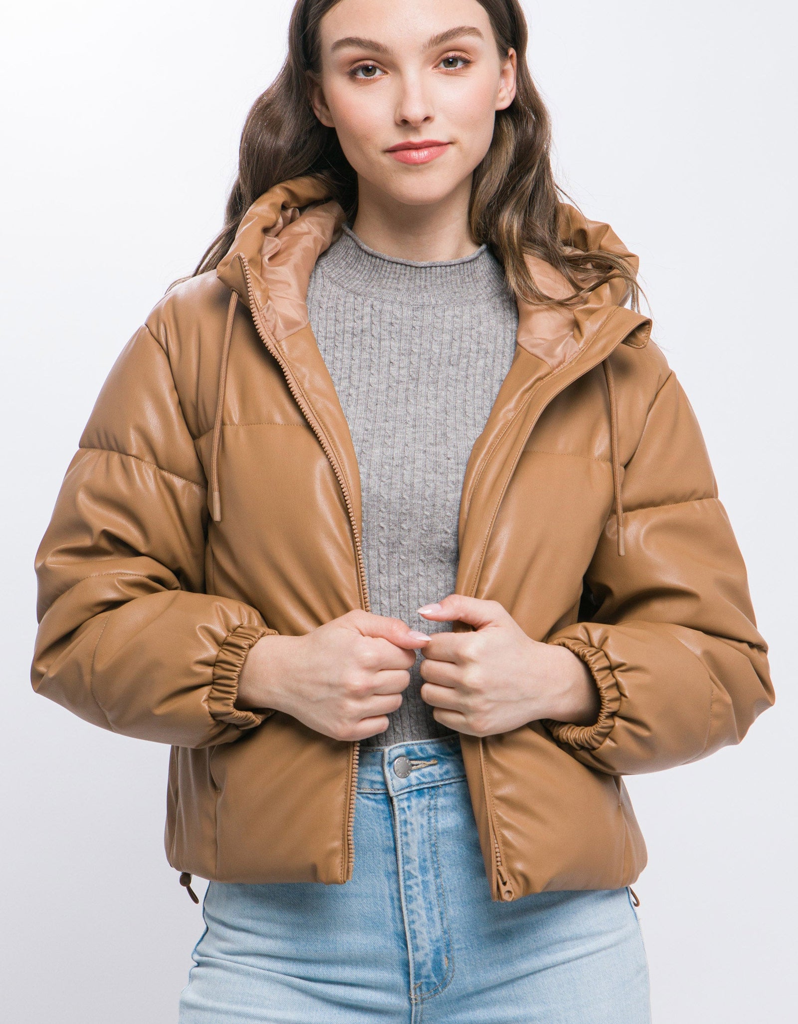 Pu Faux Leather Zipper Hooded Puffer Jacket