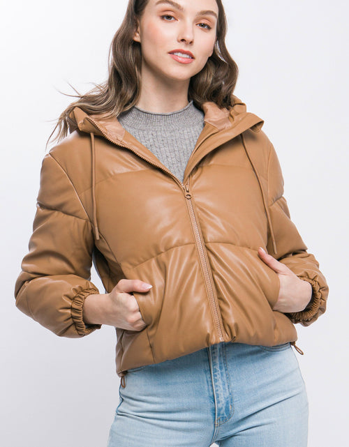 Load image into Gallery viewer, Pu Faux Leather Zipper Hooded Puffer Jacket
