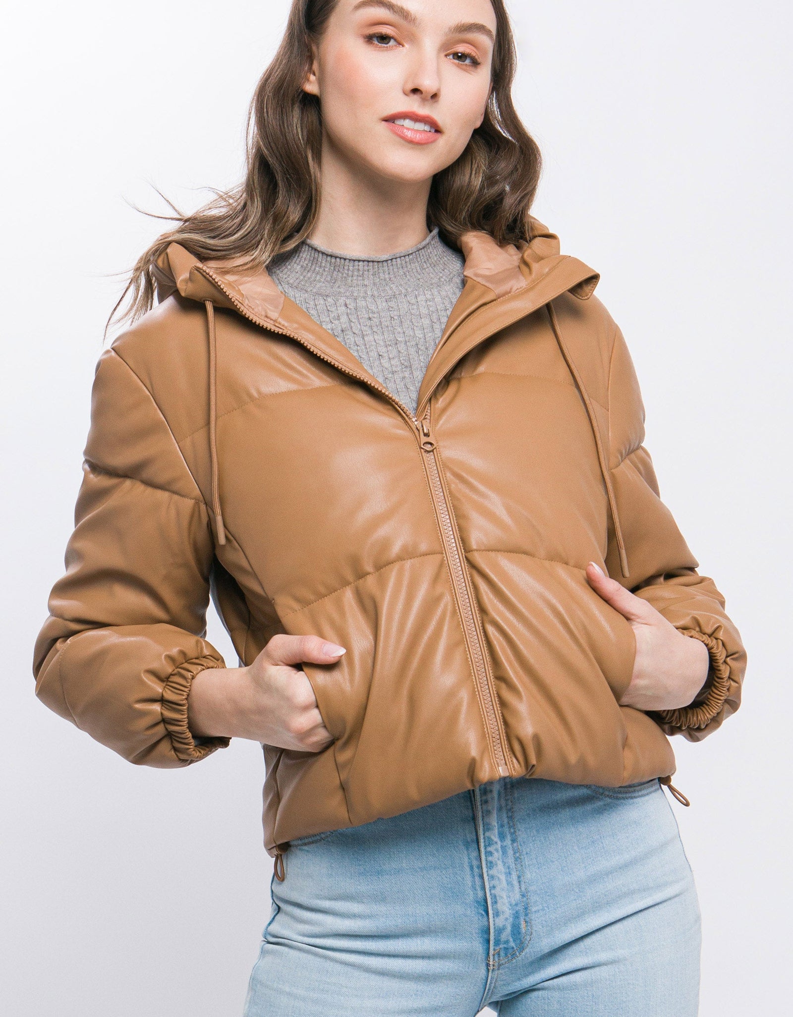Pu Faux Leather Zipper Hooded Puffer Jacket