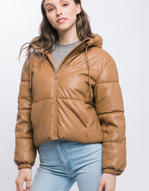 Load image into Gallery viewer, Pu Faux Leather Zipper Hooded Puffer Jacket
