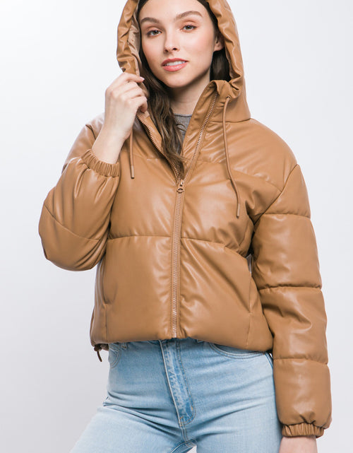 Load image into Gallery viewer, Pu Faux Leather Zipper Hooded Puffer Jacket
