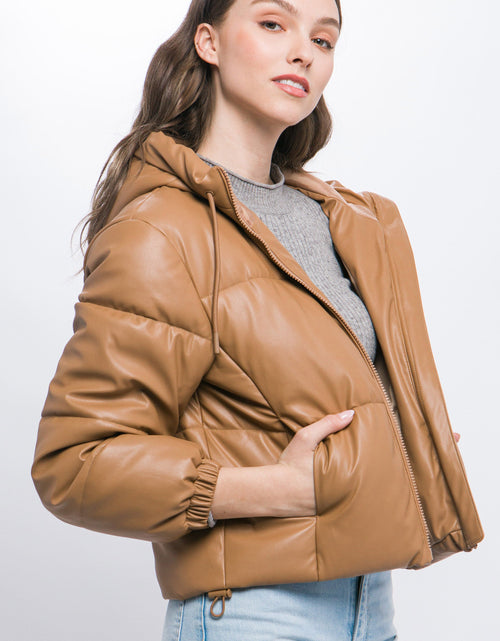 Load image into Gallery viewer, Pu Faux Leather Zipper Hooded Puffer Jacket
