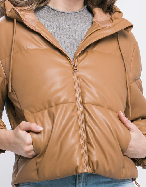 Load image into Gallery viewer, Pu Faux Leather Zipper Hooded Puffer Jacket
