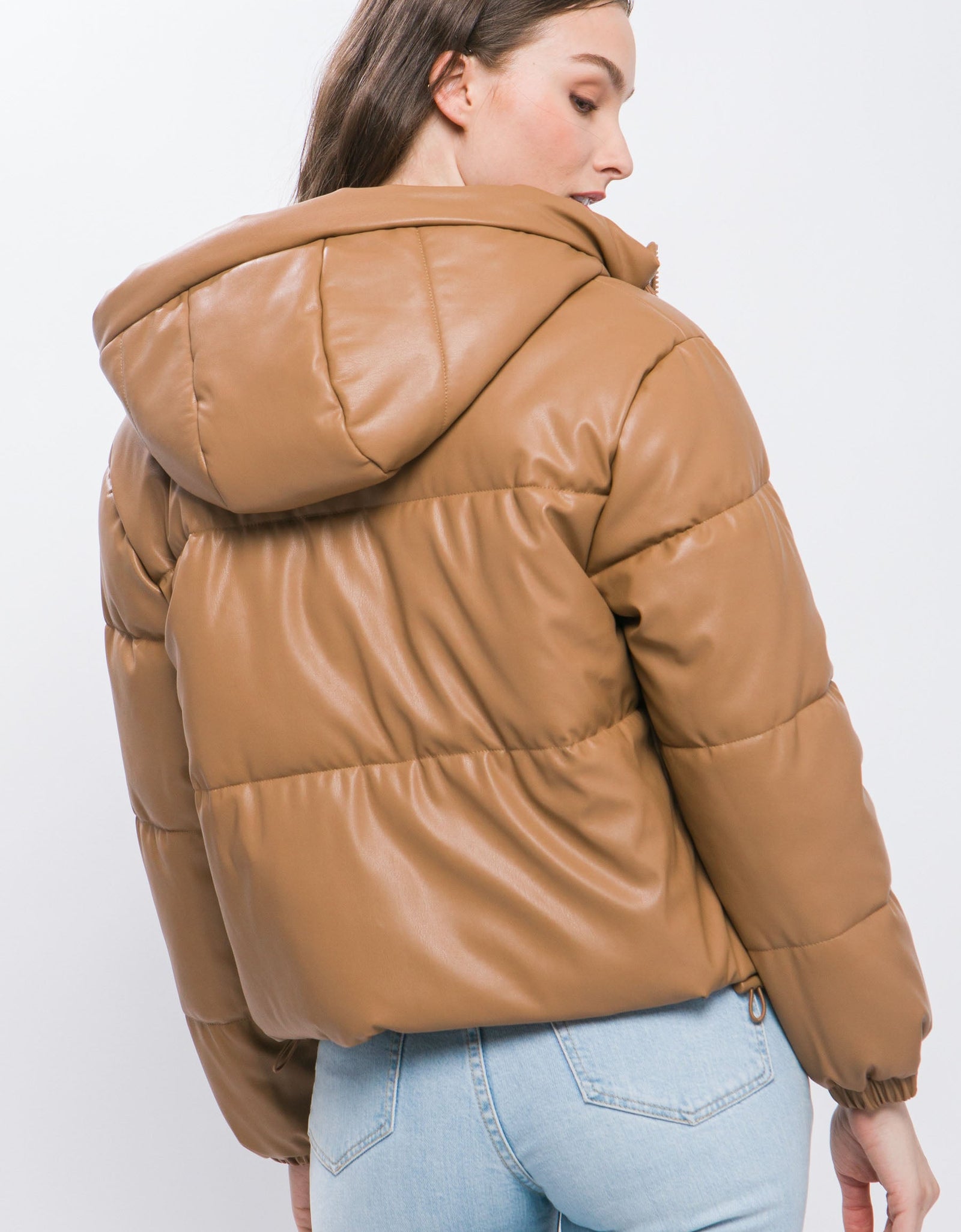 Pu Faux Leather Zipper Hooded Puffer Jacket