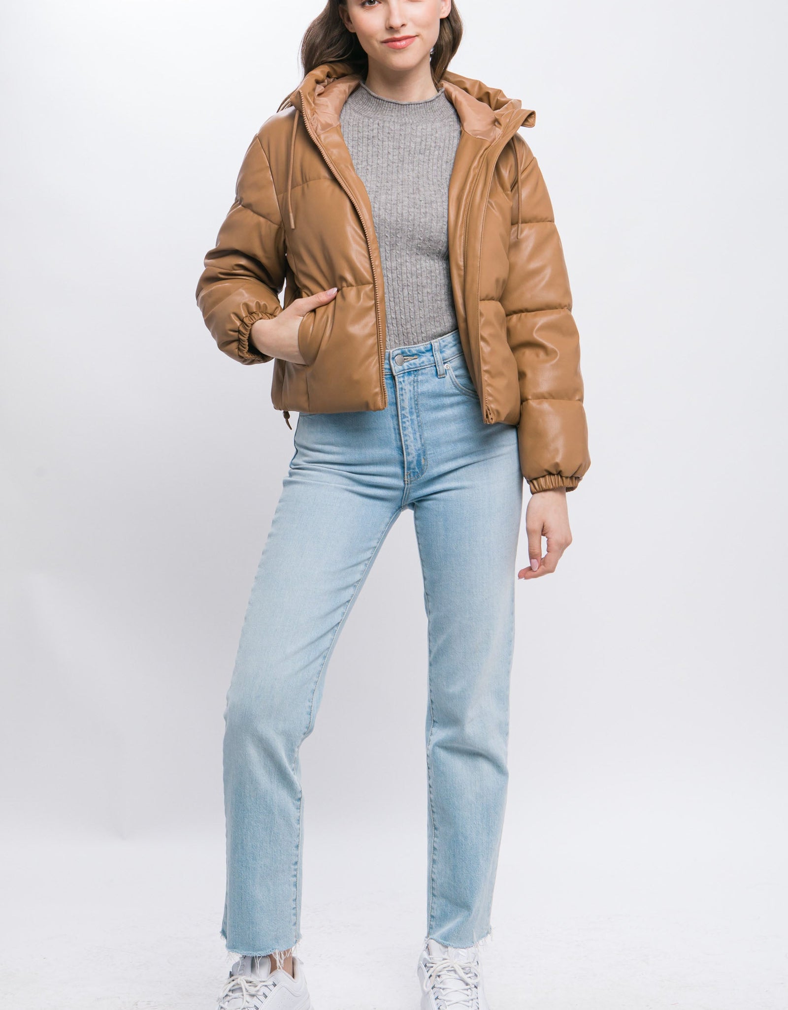 Pu Faux Leather Zipper Hooded Puffer Jacket