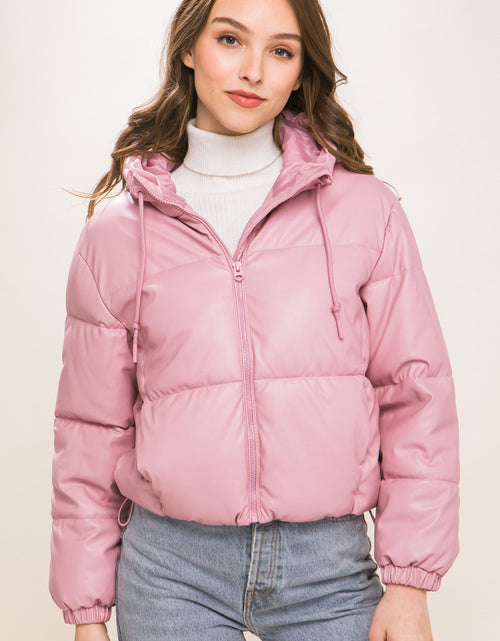 Load image into Gallery viewer, Pu Faux Leather Zipper Hooded Puffer Jacket
