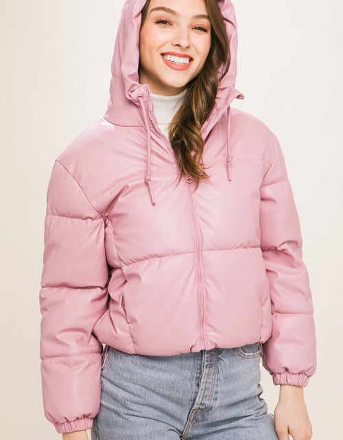 Load image into Gallery viewer, Pu Faux Leather Zipper Hooded Puffer Jacket
