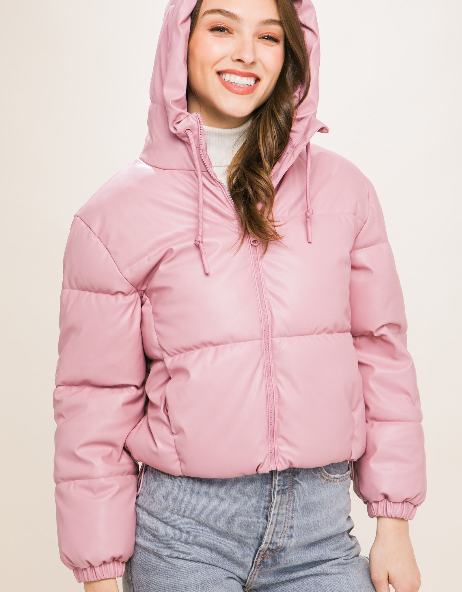 Pu Faux Leather Zipper Hooded Puffer Jacket