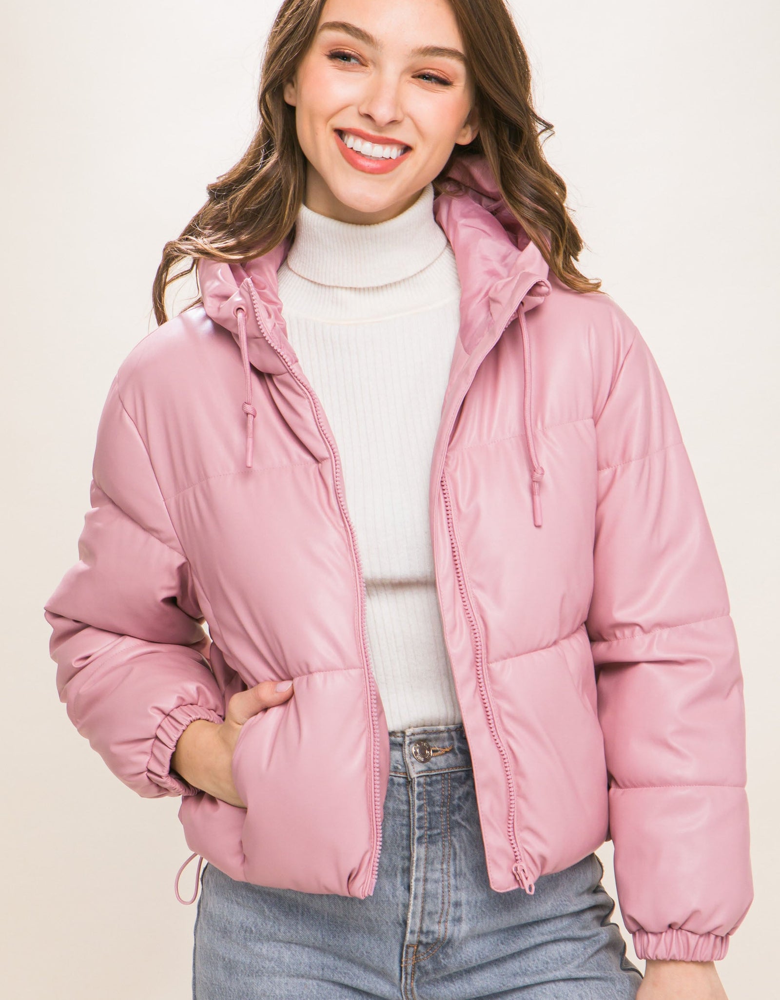Pu Faux Leather Zipper Hooded Puffer Jacket