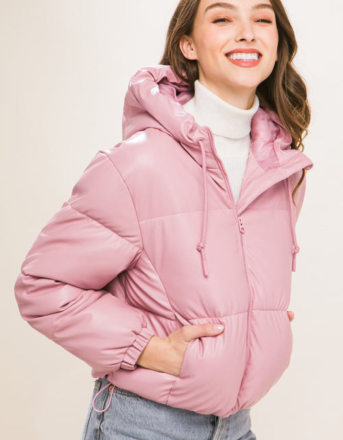 Load image into Gallery viewer, Pu Faux Leather Zipper Hooded Puffer Jacket
