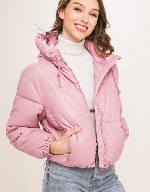 Load image into Gallery viewer, Pu Faux Leather Zipper Hooded Puffer Jacket
