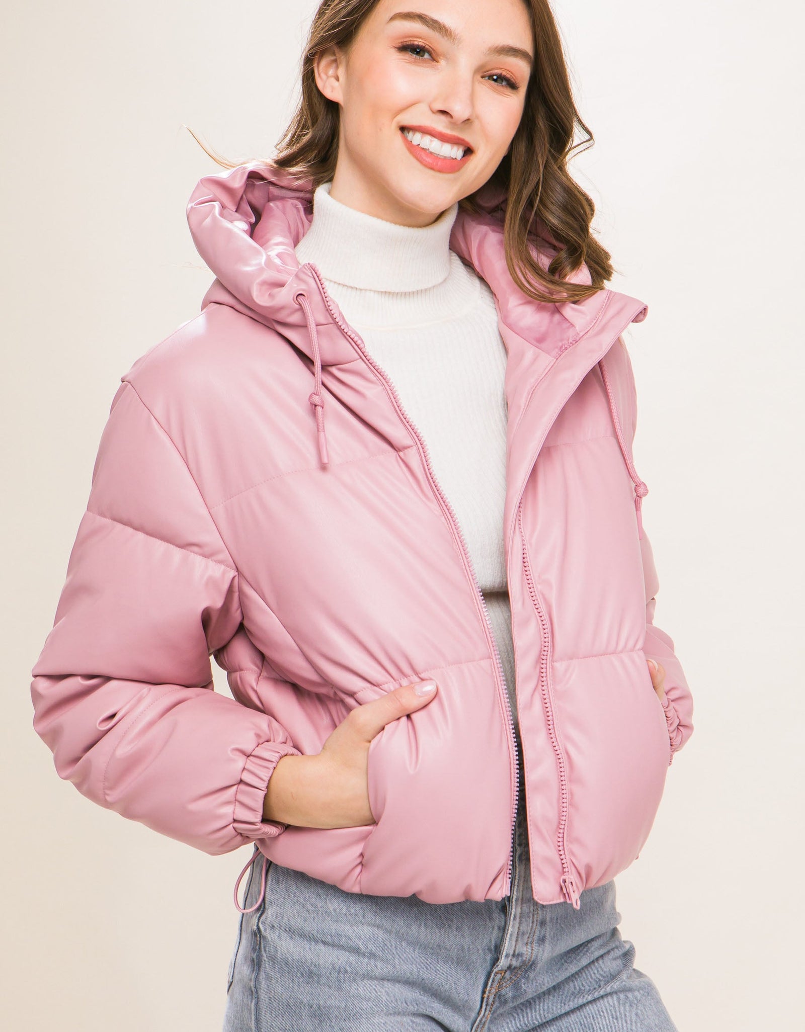 Pu Faux Leather Zipper Hooded Puffer Jacket