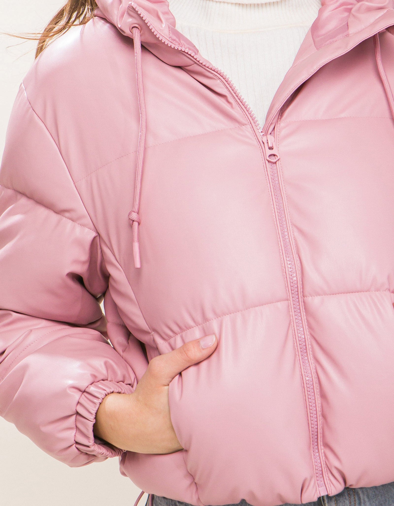 Pu Faux Leather Zipper Hooded Puffer Jacket