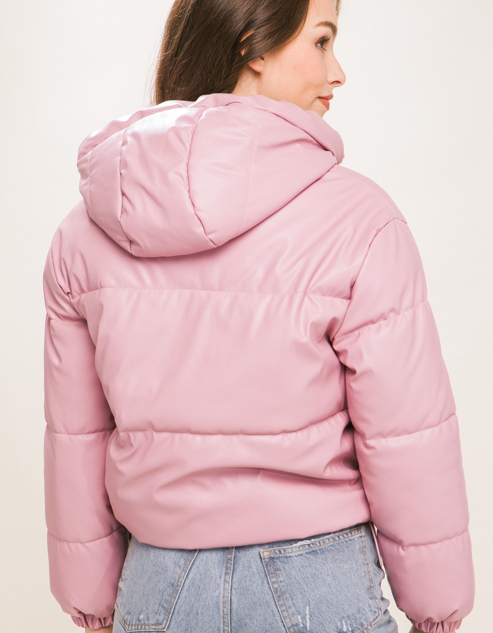 Pu Faux Leather Zipper Hooded Puffer Jacket