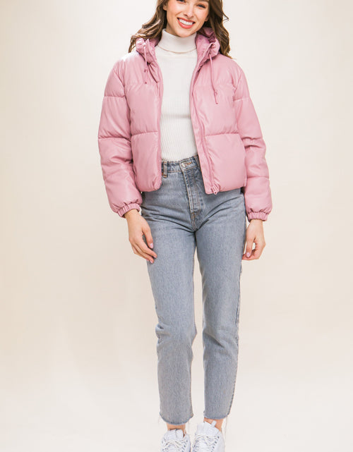 Load image into Gallery viewer, Pu Faux Leather Zipper Hooded Puffer Jacket
