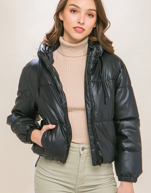 Load image into Gallery viewer, Pu Faux Leather Zipper Hooded Puffer Jacket
