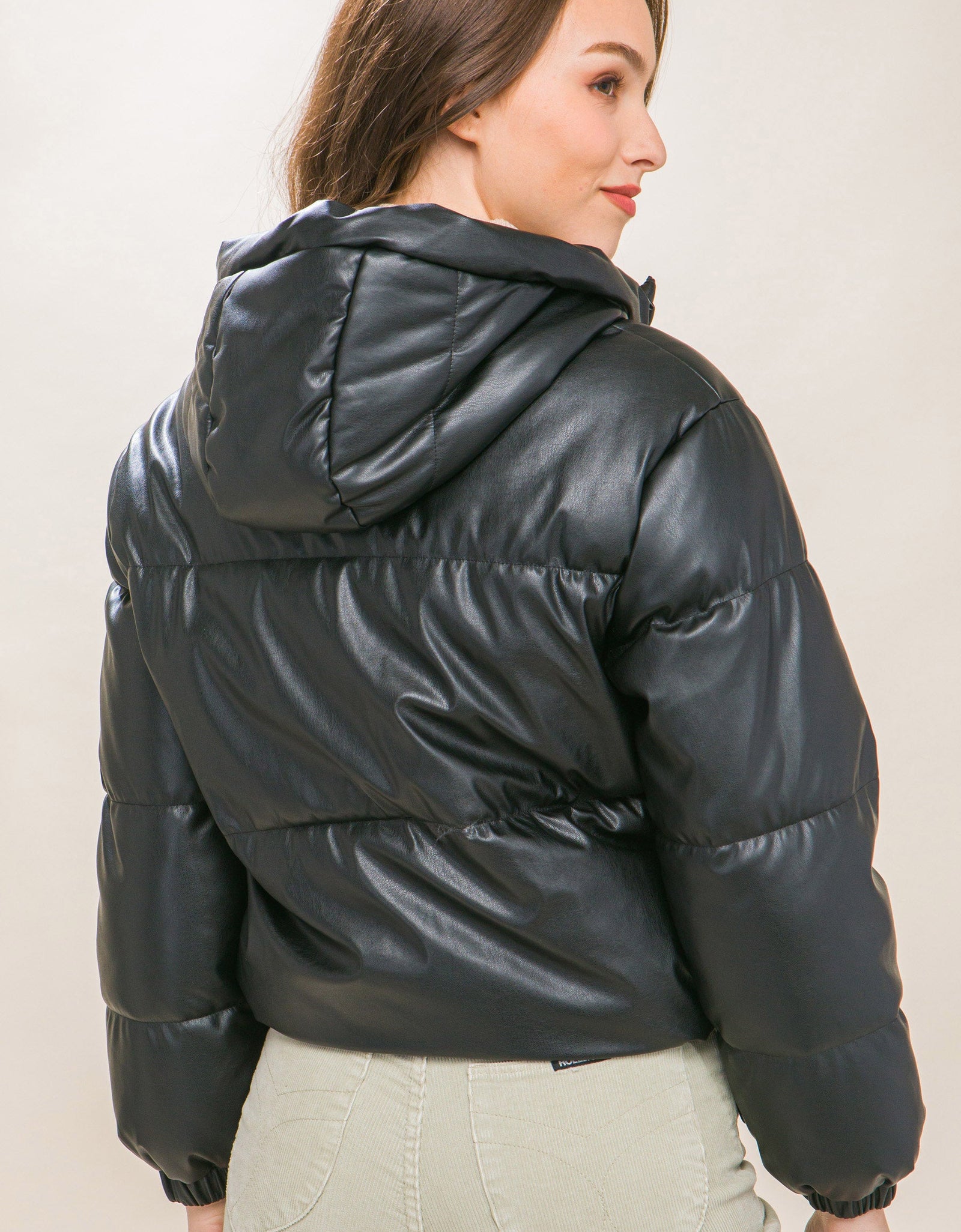 Pu Faux Leather Zipper Hooded Puffer Jacket