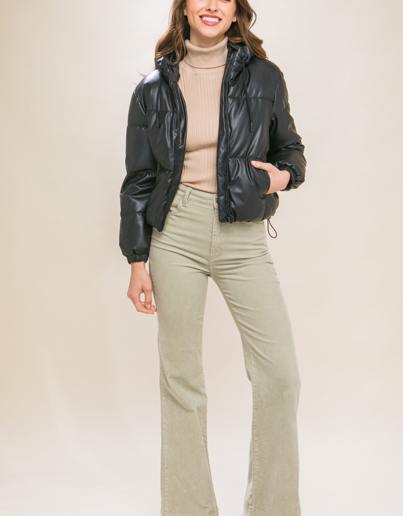 Pu Faux Leather Zipper Hooded Puffer Jacket