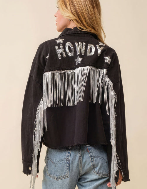 Load image into Gallery viewer, Howdy Sequin Fringe And Star Patches Jacket
