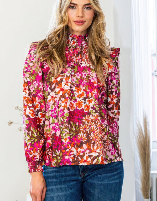 Load image into Gallery viewer, Floral Mock Neck Smocked Yoke Blouse
