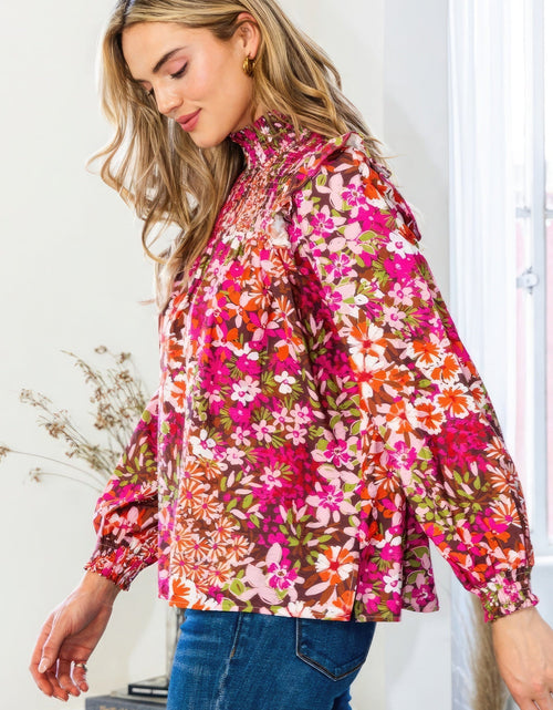 Load image into Gallery viewer, Floral Mock Neck Smocked Yoke Blouse
