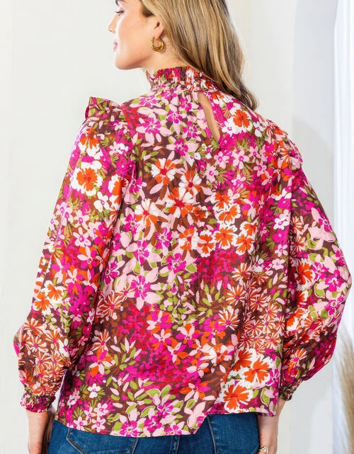 Load image into Gallery viewer, Floral Mock Neck Smocked Yoke Blouse
