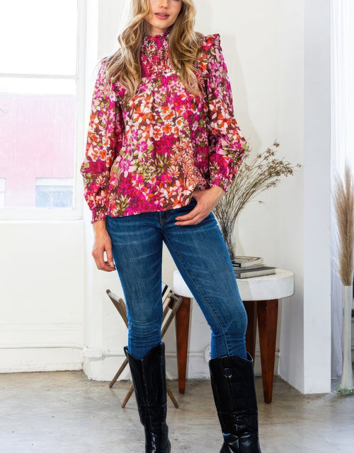 Load image into Gallery viewer, Floral Mock Neck Smocked Yoke Blouse
