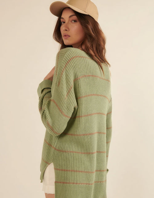 Load image into Gallery viewer, Striped Rib-knit Oversized Pocket Sweater
