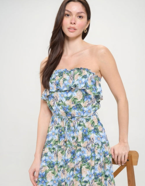 Load image into Gallery viewer, Berry Flower Ruffle Tube Top Mini Dress by Balec Group
