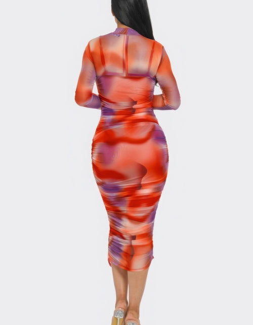 Load image into Gallery viewer, Summer Heat Print Mesh Ruched Midi Dress by Balec Group
