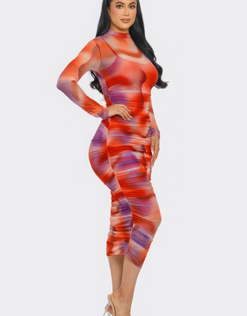 Load image into Gallery viewer, Summer Heat Print Mesh Ruched Midi Dress by Balec Group
