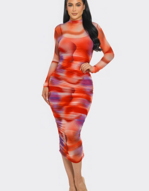Load image into Gallery viewer, Summer Heat Print Mesh Ruched Midi Dress by Balec Group
