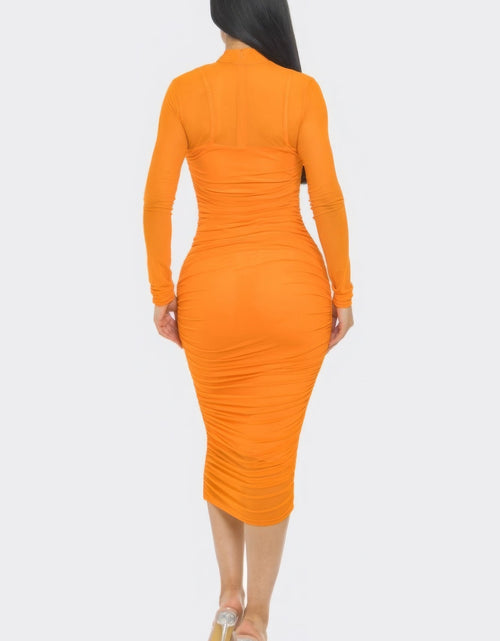 Load image into Gallery viewer, Solid Mesh Ruched Midi Dress by Balec Group
