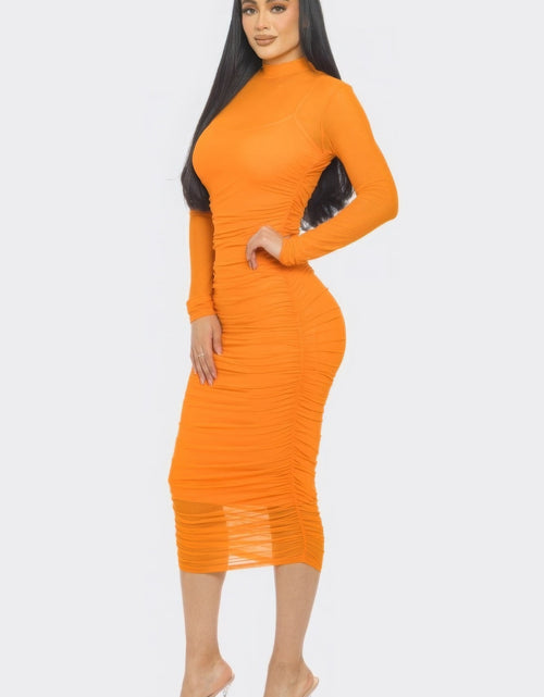 Load image into Gallery viewer, Solid Mesh Ruched Midi Dress by Balec Group
