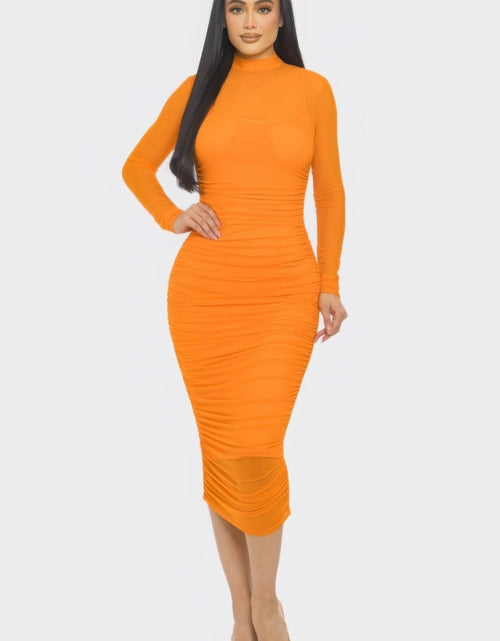 Load image into Gallery viewer, Solid Mesh Ruched Midi Dress by Balec Group
