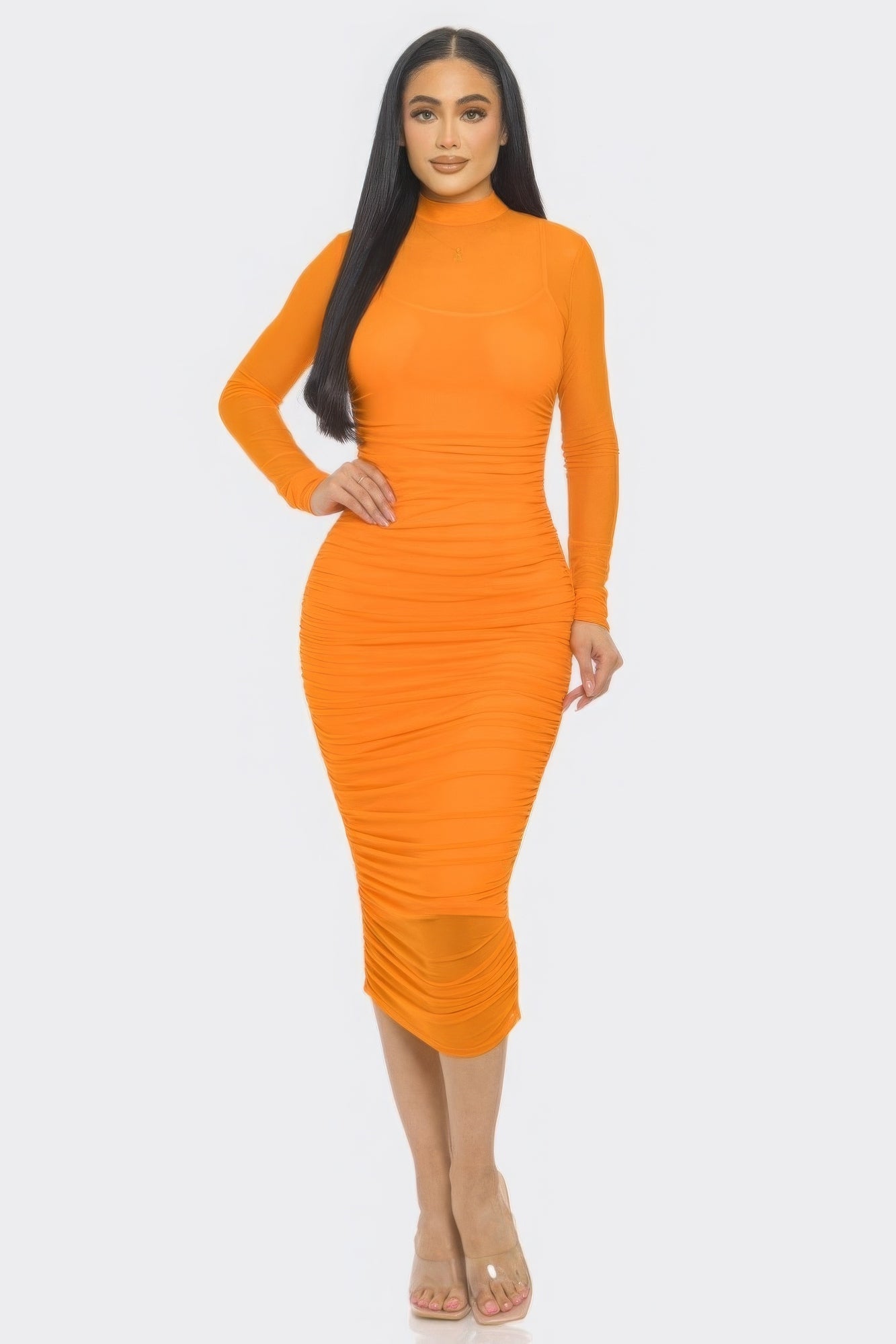 Solid Mesh Ruched Midi Dress by Balec Group