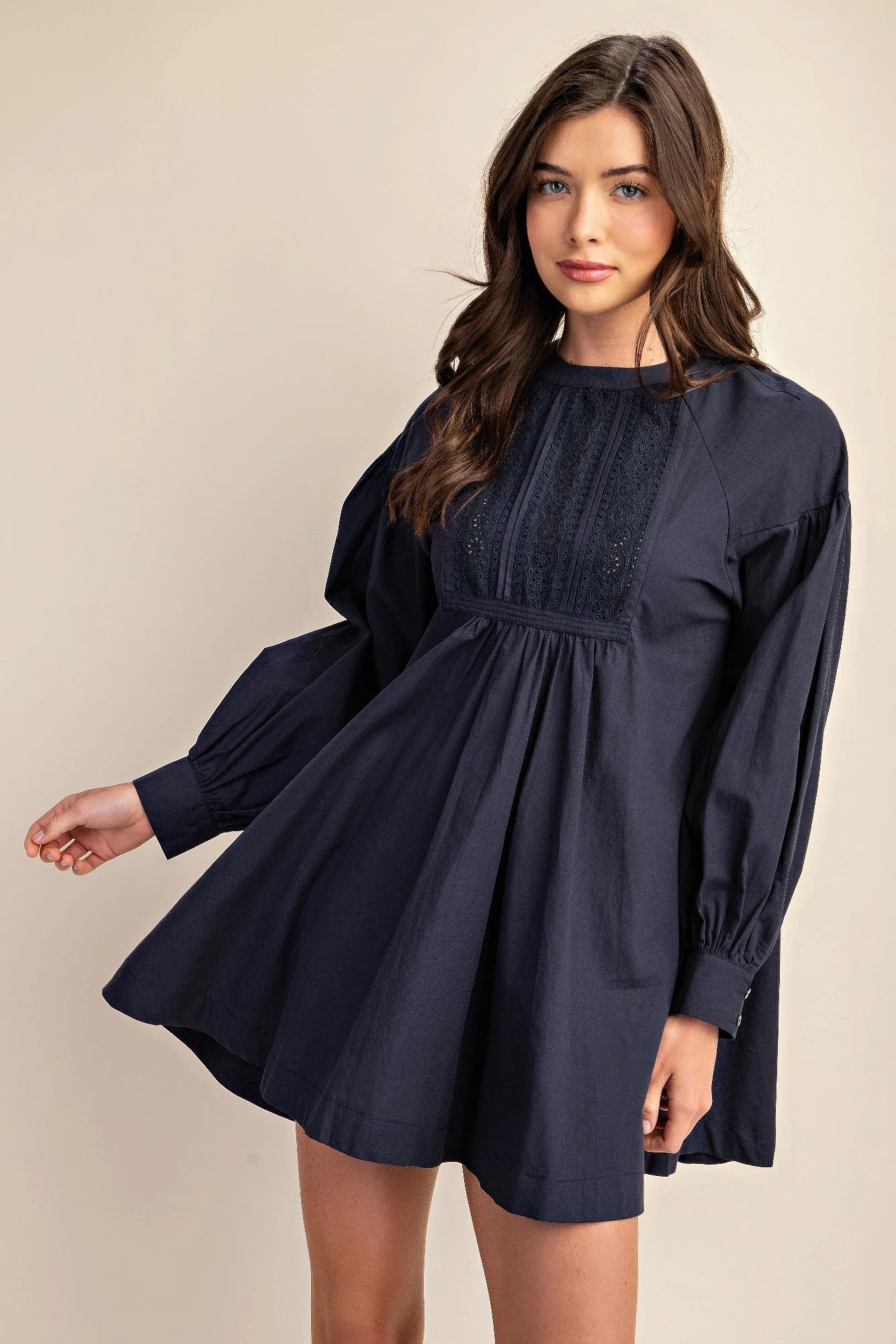 Long sleeve mini dress with lace detail by Balec Group