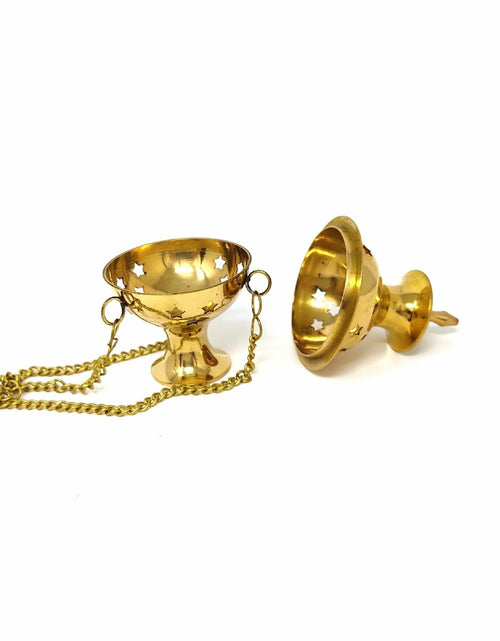 Load image into Gallery viewer, Hanging Brass Burner for cone incense and resins-  4", 6" and 8" by OMSutra
