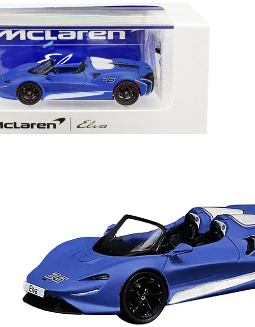Load image into Gallery viewer, McLaren Elva Convertible #26 Matt Blue with White Stripes and Extra Wheels 1/64 Diecast Model Car by CM Models
