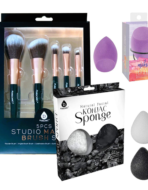 Load image into Gallery viewer, Beauty Essentials Bundle: Facial Makeup Blender Sponge + Natural Facial Konjac Sponge Duo Set(3 pack) + 5 Pcs Studio Makeup Brush Set (Black) by Pursonic
