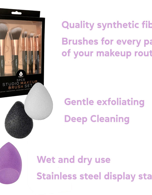 Load image into Gallery viewer, Beauty Essentials Bundle: Facial Makeup Blender Sponge + Natural Facial Konjac Sponge Duo Set(3 pack) + 5 Pcs Studio Makeup Brush Set (Black) by Pursonic
