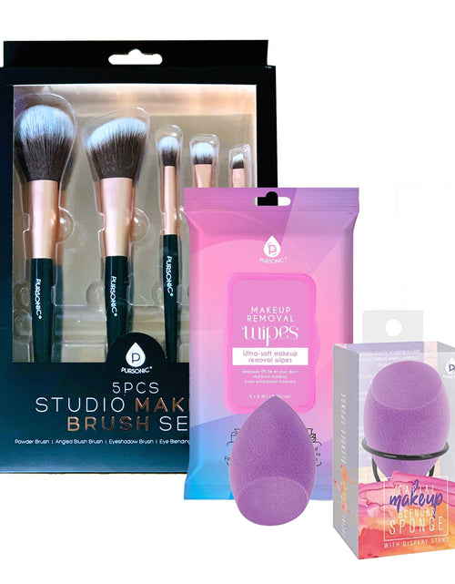 Load image into Gallery viewer, Makeup Essentials Bundle: Brushes, Wipes &amp; Blender Sponge by Pursonic
